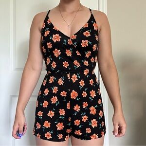 Black Romper with Floral Design